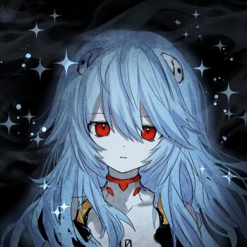 Rule 34 | 1girl, absurdres, alternate hair length, alternate hairstyle, ayanami rei, black background, blue hair, bodysuit, dot nose, expressionless, hair flaps, highres, interface headset (evangelion), kaitenta1, long hair, mecha pilot suit, messy hair, neon genesis evangelion, pale skin, plugsuit (evangelion), portrait, red eyes, sidelocks, solo, sparkle, white bodysuit