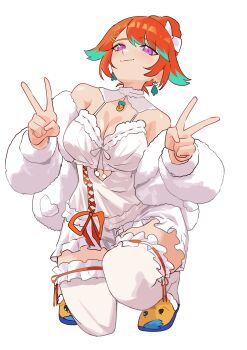 1girl absurdres babydoll breasts cleavage clothing_cutout daaku_(koizumi_arata) double_v earrings feather_earrings feathers frilled_thigh_strap green_hair heart_cutout highres hololive hololive_english jacket jewelry large_breasts multicolored_hair official_alternate_costume official_alternate_hairstyle orange_hair purple_hair shorts solo takanashi_kiara takanashi_kiara_(cozy) thigh_strap thighhighs two-tone_hair v virtual_youtuber white_babydoll white_jacket white_shorts white_thighhighs