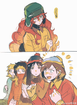 Rule 34 | 5girls, absurdres, animification, arrow (symbol), black hair, blonde hair, blue eyes, blue hat, blue shirt, blush, breast pocket, brown hair, brown jacket, brown pants, butters stotch, buttons, caramel jiaomitang, chinese commentary, clapping, clenched hand, clenched hands, closed mouth, collared jacket, collared shirt, commentary request, covered mouth, eric cartman, freckles, fur-trimmed jacket, fur trim, gaijin 4koma (meme), genderswap, genderswap (mtf), green eyes, green hat, hair between eyes, hair ornament, hairclip, hand up, hands up, hat, highres, hood, hooded jacket, jacket, kenny mccormick, kyle broflovski, long hair, long sleeves, looking at another, looking at viewer, medium hair, meme, multiple girls, notice lines, open mouth, orange hair, orange jacket, own hands together, pants, pocket, pom pom (clothes), red jacket, sad, shirt, short hair, sidelocks, simple background, sitting, smile, south park, sparkle, stan marsh, sweat, tearing up, upper body, v-shaped eyebrows, watermark, wavy hair, weibo watermark, white background, yellow jacket