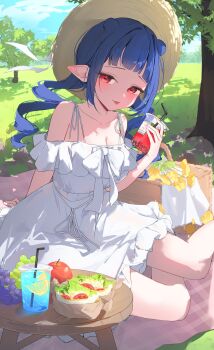 Rule 34 | 1girl, absurdres, apple, blue hair, breasts, bubble tea, chisei259, cleavage, cloud, collarbone, commentary request, commission, cup, double bun, dress, flower, food, fruit, grapes, grass, hair bun, hat, highres, holding, holding cup, long hair, phase connect, picnic, picnic basket, pointy ears, red eyes, shadow, skeb commission, sky, solo, sun hat, sundress, tongue, tree, virtual youtuber, white dress, yellow flower