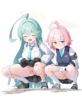2girls absurdres ahoge aqua_hair armband bandaid bandaid_on_leg black_gloves black_skirt blue_archive blue_eyes blue_necktie blush cleft_of_venus closed_eyes gloves halo heterochromia highres hoshino_(blue_archive) long_hair multiple_girls necktie open_mouth panties panties_around_leg panty_pull peeing peeing_together pink_hair puddle pussy shirt shoes skirt socks squatting steam udonko_(tinanago7715) uncensored underwear very_long_hair vest white_background white_panties white_shirt yellow_eyes yume_(blue_archive)