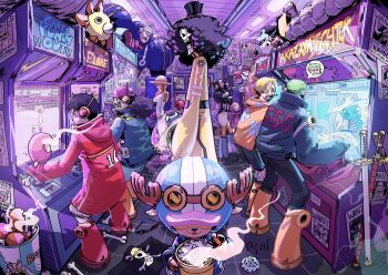 Rule 34 | 3girls, 6+boys, ^ ^, afro, antlers, black hair, black jacket, blonde hair, boots, brook (one piece), cigarette, closed eyes, coat, commentary, dhashinn, english commentary, facial hair, food, franky (one piece), full body, goatee, going merry, green hair, hair over one eye, hat, hat over eyes, headphones, highres, holding, holding food, horns, indoors, jacket, jewelry bonney, jinbe (one piece), jolly roger, leg hair, leotard, long hair, long nose, meat, monkey d. luffy, multiple boys, multiple girls, mustache, nami (one piece), nico robin, one piece, orange boots, orange hair, playing games, playing video games, ponytail, popcorn, profile, red boots, red coat, reindeer antlers, roronoa zoro, sanji (one piece), short hair, smile, straw hat, straw hat pirates, straw hats jolly roger, sword, thousand sunny, tony tony chopper, usopp, wanted poster, weapon, yellow coat