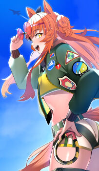 1girl absurdres aircraft airplane animal_ears badge bespectacled blue_sky bomber_jacket commentary_request cowboy_shot cropped_shirt eyewear_on_head from_side glasses green_jacket hair_between_eyes hand_on_own_hip harness highres horse_ears horse_girl horse_tail jacket jet jitome_no_tsugumi long_sleeves looking_at_viewer mayano_top_gun_(scramble_zone)_(umamusume) mayano_top_gun_(umamusume) midriff navel open_mouth orange_eyes orange_hair outdoors red-tinted_eyewear shirt shorts sky smile solo sunglasses tail teeth thighs tinted_eyewear two_side_up umamusume upper_teeth_only white_shorts yellow_shirt