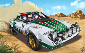 2girls absurdres blue_archive blue_eyes blue_hair blue_halo blue_helmet blue_sky car cloud commentary_request day desert donut driving dust_cloud food fubuki_(blue_archive) gloves halo helmet highres holding holding_donut holding_food kirino_(blue_archive) lancia_(brand) lancia_stratos motor_vehicle multiple_girls open_mouth outdoors pink_eyes pink_halo race_vehicle racecar rally_car saisaki_(sankyy377) scared signature sky small_sweatdrop sponsor vehicle_focus white_gloves white_hair