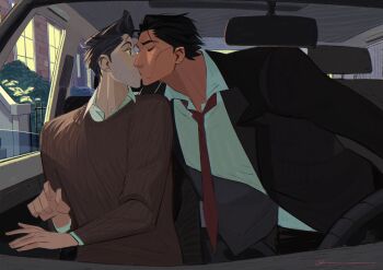 2boys absurdres alternate_universe black_hair black_jacket black_pants brown_eyes brown_hair brown_sweater bush car_interior closed_eyes collared_shirt dark-skinned_male dark_skin dingnin98201637 fence fingernails hair_slicked_back highres jacket kiss lapels layered_sleeves looking_at_another male_focus marvel miguel_o&#039;hara multiple_boys necktie notched_lapels open_clothes open_collar open_jacket pants peter_b_parker plant rear-view_mirror red_necktie shirt shirt_tucked_in short_sideburns sitting spider-man:_across_the_spider-verse spider-man_(series) spider-verse steering_wheel suit_jacket sweater white_shirt wide-eyed window yaoi