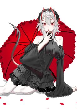 1girl alternate_costume antenna_hair arknights bare_shoulders black_dress black_hairband black_sleeves black_tail breasts commentary detached_sleeves double-parted_bangs dress frilled_dress frilled_sleeves frills hair_between_eyes hairband highres horns lace lace-trimmed_dress lace_trim large_breasts magnum_0000 multicolored_hair nail_polish parasol parted_lips petals red_eyes red_hair red_horns red_nails red_umbrella rose_petals sitting solo symbol-only_commentary two-tone_hair umbrella w_(arknights) white_hair wide_sleeves yokozuwari