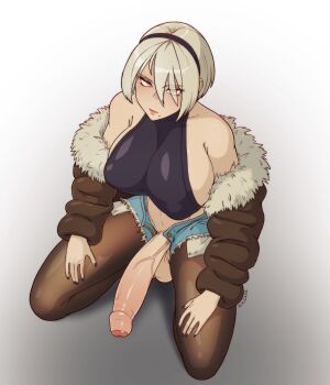 1futa 2b_(nier:automata) absurdres black_hairband black_nails blue_shorts breasts closed_mouth commentary covered_erect_nipples english_commentary erection expressionless foreskin fur_trim futanari grey_hair hairband half-closed_eyes highres huge_penis jacket large_breasts lipstick looking_at_viewer looking_up makeup mole mole_under_mouth nail_polish nier:automata nier_(series) pantyhose penis phimosis seiza short_hair short_shorts shorts sideboob sitting solo sulcate testicles uncensored veins veiny_penis