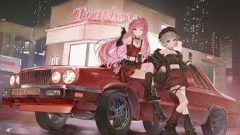 2girls black_boots black_gloves black_leg_warmers blonde_hair blowing_bubble_gum blue_hair boots chewing_gum cityscape closed_mouth elbow_gloves gloves green_eyes green_skirt hanako_nana hand_up highres holding holding_phone hololive hololive_dev_is knee_boots leg_warmers long_hair looking_at_viewer midriff misa_(misonyeo_s2) multicolored_hair multiple_girls navel night night_sky one_eye_closed outdoors phone pink_hair purple_eyes purple_hair red_skirt short_hair sitting skirt sky standing stellive streaked_hair todoroki_hajime virtual_youtuber