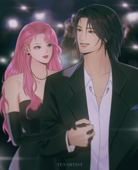 Rule 34 | 1boy, 1girl, alternate costume, alternate hairstyle, artist name, black dress, black eyes, black gloves, black hair, black jacket, blazer, blurry, blurry background, breasts, camera flash, cleavage, closed mouth, collar chain (jewelry), commentary, couple, depth of field, dress, earrings, english commentary, english text, eyelashes, glint, gloves, green eyes, hair behind ear, hair over shoulder, hand on another's arm, haruno sakura, hetero, highres, holding hands, jacket, jewelry, light smile, long hair, looking ahead, looking at another, medium breasts, medium hair, naruto (series), necklace, night, open clothes, open jacket, paparazzi, parted hair, partially unbuttoned, pink hair, shirt, side part, sleeveless, sleeveless dress, strapless, strapless dress, stud earrings, teeth, tenartistt, uchiha sasuke, white shirt