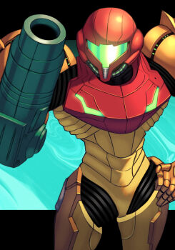 1girl absurdres arm_cannon armor assault_visor commentary_request green_visor hand_on_own_hip helmet highres metroid nintendo power_armor power_suit_(metroid) samus_aran shoulder_armor silverchariotx solo varia_suit weapon