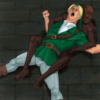 2boys billy_herrington blonde_hair closed_eyes link locked_arms male_focus monbetsu_kuniharu monkuni multiple_boys nintendo open_mouth rape rape_face redead the_legend_of_zelda van_darkholme what bad_tag wrestling