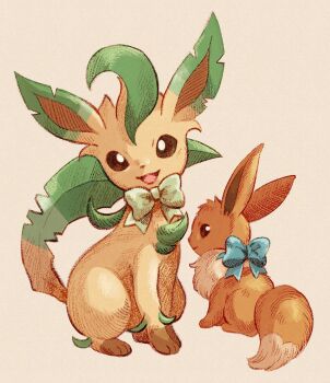 Rule 34 | animal focus, blue bow, bow, brown eyes, brown fur, brown sclera, closed mouth, colored sclera, commentary, eevee, full body, gen 1 pokemon, gen 4 pokemon, green bow, green fur, leaf, leafeon, looking at viewer, matsuri (matsuike), nintendo, no humans, open mouth, pokemon, pokemon (creature), pokemon focus, simple background, smile, symbol-only commentary, yellow fur