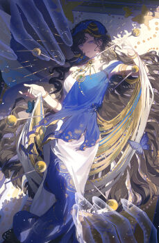 Rule 34 | 1girl, absurdres, armlet, black hair, blue dress, blue veil, bracelet, commentary request, dress, evening gown, feet out of frame, from above, hands up, highres, insect pin, isolde (reverse:1999), isolde (the last fluttering beat) (reverse:1999), jewelry, long hair, looking at viewer, lying, mi ran ran, official alternate costume, on back, parted lips, purple eyes, reverse:1999, shade, shawl, sleeveless, sleeveless dress, solo, two-tone dress, veil, very long hair, wavy hair, white dress, yellow shawl