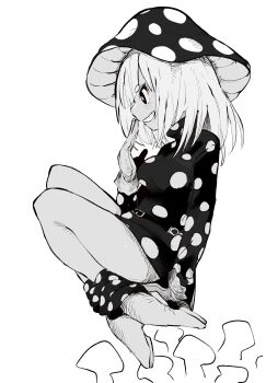 1girl boku_no_hero_academia covering_own_mouth ddari dress from_side gloves greyscale hand_over_own_mouth highres komori_kinoko long_sleeves medium_hair monochrome mushroom_on_head polka_dot polka_dot_dress short_dress simple_background smile solo white_background