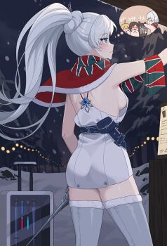 arm_up ass blake_belladonna blue_eyes breasts chibi christmas closed_mouth dress earrings facing_to_the_side fur-trimmed_legwear fur_trim high_ponytail highres holding holding_sword holding_weapon jewelry long_hair looking_up myrtenaster night ponytail profile rolling_suitcase ruby_rose rwby santa_capelet scarf short_dress sideboob sky small_breasts snow solo speech_bubble suitcase sword thighhighs thought_bubble tree very_long_hair wangxiii weapon weiss_schnee white_dress white_hair white_thighhighs yang_xiao_long