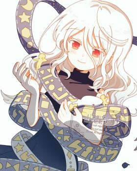 1girl black_dress closed_mouth commentary dress grey_hair hair_between_eyes highres long_hair long_hair_between_eyes looking_at_viewer red_eyes ribbon_around_body simple_background sleeveless sleeveless_dress smile snake solo touhou turtleneck turtleneck_dress watermark white_background yoi_(bo2ezn) yuiman_asama