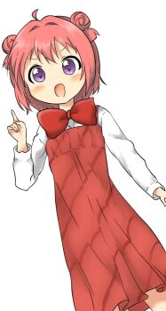 Rule 34 | >:d, >:o, 1girl, :d, :o, ahoge, akaza akari, bow, bowtie, double bun, dress, female focus, hair bun, hair intakes, highres, index finger raised, merorin, open mouth, purple eyes, red dress, red hair, simple background, smile, solo, sweater, v-shaped eyebrows, white background, yuruyuri