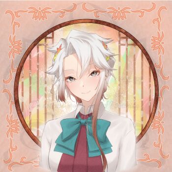 1girl akishimo_(kancolle) aqua_bow aqua_bowtie asymmetrical_hair bow bowtie brown_hair collared_shirt dress_shirt gradient_hair grey_hair hair_ornament highres kantai_collection leaf_hair_ornament long_single_sidelock multicolored_hair orange_sky shirt short_hair short_hair_with_long_locks shushan sky solo upper_body white_shirt