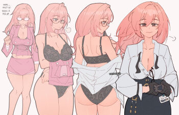 1girl ass black_bra black_gloves black_panties black_skirt bra breasts gloves highres large_breasts long_hair multiple_views panties pencil_skirt pink_hair pink_shirt pink_skirt shirt simple_background skirt smile tsukishiro_yanagi undersized_clothes underwear white_background white_shirt wokiiarts zenless_zone_zero