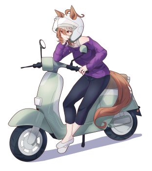 1girl absurdres agnes_tachyon_(casual)_(umamusume) agnes_tachyon_(umamusume) ahoge animal_ears blush bra_strap breasts brown_hair casual chemical_structure closed_mouth earrings ears_through_headwear full_body hair_between_eyes hair_through_headwear head_rest helmet highres horse_ears horse_girl horse_tail huge_ahoge jewelry long_sleeves medium_hair motor_vehicle nanaken_(qijian23092715) necklace off-shoulder_shirt off-shoulder_sweater off_shoulder pants purple_shirt purple_sweater red_eyes scooter shirt shoes single_earring smile solo sweater tail umamusume