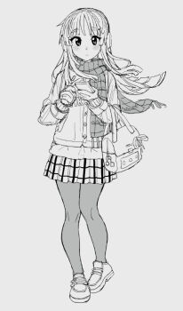 Rule 34 | 1girl, akiyama mio, bag, blunt bangs, blunt ends, blunt sidelocks, blush, closed mouth, commentary, earmuffs, english commentary, full body, handbag, hands up, hime cut, holding, holding bag, holding phone, jacket, k-on!, long hair, long sleeves, looking at viewer, miniskirt, monochrome, pantyhose, phone, plaid clothes, plaid skirt, pleated skirt, scarf, shoes, sidelocks, simple background, sketch, skirt, slammo, solo, standing, white background, winter clothes