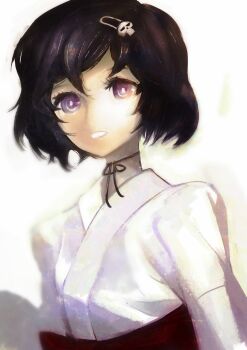 1boy absurdres black_hair bob_cut chihaya_(clothing) choker hair_ornament hairclip hakama hakama_skirt highres huke japanese_clothes kosode miko official_art parted_lips pink_eyes pink_lips red_hakama ribbon_choker ribbon_trim ringed_eyes science_adventure shiny_lips skirt skull_hair_ornament square_pupils standing steins;gate steins;gate:_my_darling's_embrace trap urushibara_luka white_background wide_sleeves