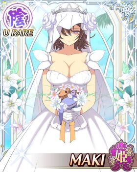 border bouquet breasts bridal_veil bride brown_hair card_(medium) cleavage dress flower game_cg gloves hair_flower hair_ornament holding holding_bouquet large_breasts maki_(senran_kagura) medium_hair non-web_source official_alternate_costume official_art purple_eyes senran_kagura senran_kagura_new_wave stuffed_animal stuffed_toy triangle_mouth veil wedding wedding_dress white_dress white_gloves