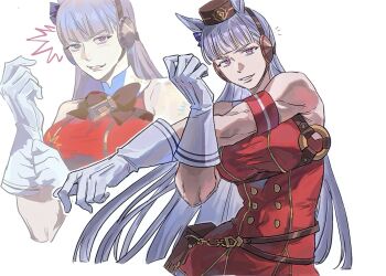 Rule 34 | 1girl, adjusting clothes, adjusting gloves, ammi (mayflyaa), animal ears, breasts, commentary, english commentary, gloves, gold ship (red strife) (umamusume), gold ship (umamusume), grey hair, grin, highres, horse ears, horse girl, large breasts, long hair, looking at viewer, multiple views, simple background, smile, umamusume, white background, white gloves