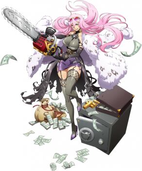 1girl banknote bare_shoulders belt black_gloves black_sleeves black_thighhighs breasts briefcase cape chainsaw coat detached_sleeves evil_grin evil_smile eyewear_on_head fingerless_gloves fishnet_thighhighs fishnets floating floating_clothes floating_hair floating_object framed_breasts full_body fur_coat game_cg garter_straps gloves gold gold_bar green_eyes grin hair_between_eyes hilda_(langrisser) holding holding_chainsaw holding_weapon langrisser langrisser_mobile langrisser_re:incarnation large_breasts leg_up long_hair looking_to_the_side miniskirt money money_bag official_alternate_costume official_art pink_hair purple_skirt safe_(container) scowl side_slit simple_background skirt smile smirk solo standing standing_on_one_leg strap sunglasses tachi-e thighhighs third-party_source torn_cape torn_clothes transparent_background very_long_hair waist_cape weapon white_coat zettai_ryouiki