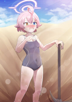 1girl absurdres abydos_high_school_swimsuit ahoge blue_archive blue_eyes blue_sky blush breasts cloud commentary_request competition_school_swimsuit covered_navel day drawing_rak feet_out_of_frame grey_one-piece_swimsuit hair_between_eyes halo heterochromia highres hoshino_(blue_archive) hoshino_(first_year)_(blue_archive) huge_ahoge loli one-piece_swimsuit open_mouth outdoors pickaxe pink_hair pink_halo sand school_swimsuit short_hair sky small_breasts solo sweat swimsuit very_sweaty yellow_eyes