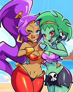 2girls :d arabian_clothes bandeau beach big_hair black_choker blue_eyes bracer breasts choker cleavage colored_skin crop_top dark-skinned_female dark_skin earrings genie green_hair green_skin hairband hand_on_another's_waist harem_pants heart heart_hands heart_hands_duo highres hoop_earrings jewelry kyneonpy long_hair looking_at_viewer medium_breasts midriff multiple_girls navel o-ring o-ring_top ocean one_eye_closed open_mouth pants pointy_ears ponytail purple_choker purple_hair purple_tank_top red_bandeau red_eyes rottytops shantae shantae_(series) short_hair shorts skull_belt skull_earrings sky smile tank_top tiara torn_clothes torn_shorts torn_tank_top undead very_long_hair yellow_hairband zombie
