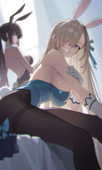 2girls absurdres animal_ears asuna_(blue_archive) asuna_(bunny)_(blue_archive) backless_leotard black_hair black_leotard black_pantyhose blonde_hair blue_archive blue_eyes blue_leotard blurry blurry_background blurry_foreground breasts commentary_request curtains detached_collar fake_animal_ears fake_tail feet_out_of_frame gloves grin hair_over_one_eye hair_ribbon hand_on_own_arm highleg highleg_leotard highres indoors karin_(blue_archive) karin_(bunny)_(blue_archive) large_breasts leotard long_hair looking_at_viewer multiple_girls no_halo official_alternate_costume pantyhose playboy_bunny ponytail rabbit_ears rabbit_tail ribbon shali sitting skirt smile strapless strapless_leotard tail unworn_skirt very_long_hair white_gloves window yellow_eyes