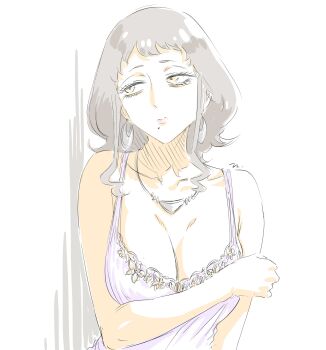 1girl breasts cleavage closed_mouth dress grey_hair highres jewelry large_breasts long_hair mature_female melinda_desmond mitsugu mole mole_under_mouth necklace nightgown purple_dress solo spy_x_family white_background yellow_eyes