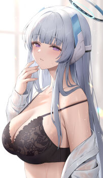 1girl absurdres black_bra blue_archive blush bra breasts cleavage collarbone grey_hair halo hibimaru highres indoors large_breasts long_hair looking_at_viewer looking_to_the_side mechanical_halo noa_(blue_archive) open_clothes open_shirt purple_eyes revision shirt solo straight_hair sweat underwear upper_body very_long_hair white_shirt