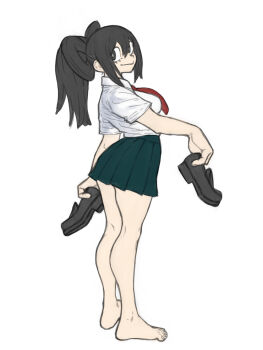 1girl alternate_hairstyle arched_back asui_tsuyu bare_legs barefoot black_eyes black_hair black_shoes boku_no_hero_academia breasts bright_pupils closed_mouth from_side full_body green_skirt hair_rings hair_up highres holding holding_shoes holding_unworn_clothes kneepits loafers looking_at_viewer looking_back lower_eyelashes_only necktie pleated_skirt ponytail red_necktie school_uniform shirt shoes simple_background skirt smile solo toenails toes toshinoshin unworn_shoes white_background white_pupils white_shirt