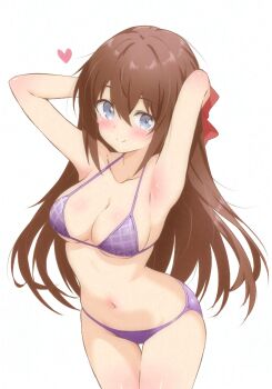 1girl adversarial_noise armpits arms_behind_head arms_up bare_arms bare_shoulders bikini blue_eyes blush breasts brown_hair cleavage closed_mouth collarbone commentary_request hair_ribbon heart highres hitorilily leaning_forward long_hair looking_at_viewer love_live! love_live!_nijigasaki_high_school_idol_club medium_breasts navel osaka_shizuku purple_bikini red_ribbon ribbon sideboob simple_background smile solo stomach swimsuit thigh_gap underboob white_background