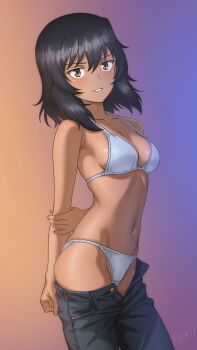 1girl absurdres andou_(girls_und_panzer) arm_behind_back artist_name bikini bikini_under_clothes black_hair black_pants blue_background blush breasts brown_eyes clenched_hand clothes_pull commentary cowboy_shot dark-skinned_female dark_skin english_commentary flintard girls_und_panzer gradient_background highres holding_own_arm looking_at_viewer medium_breasts medium_hair navel orange_background pants pants_pull parted_lips signature simple_background solo standing swimsuit undressing v-shaped_eyebrows variant_set white_bikini