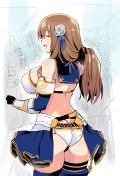 1girl absurdres airport96 armor bare_shoulders bikini bikini_armor black_gloves blue_thighhighs breasts brown_hair closed_eyes commentary_request facing_away flower gloves grabbing_own_hair hair_flower hair_ornament highres holding holding_own_hair large_breasts long_hair open_clothes open_mouth open_skirt original revealing_clothes simple_background skirt smile solo swimsuit thighhighs white_background white_bikini