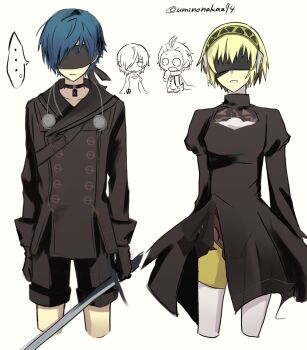 ... 1girl 2b_(nier:automata) 2b_(nier:automata)_(cosplay) 2boys 9s_(nier:automata) 9s_(nier:automata)_(cosplay) aigis_(persona) android arms_at_sides black_choker black_dress black_gloves black_jacket black_shorts blindfold blonde_hair blue_hair blush chibi chibi_inset choker cleavage_cutout closed_mouth clothing_cutout cosplay covered_eyes cropped_legs digital_media_player digital_walkman dress frown gloves gold_hairband hair_over_one_eye hairband highres holding holding_sword holding_weapon jacket juliet_sleeves long_sleeves looking_at_another mechanical_legs mochizuki_ryouji multiple_boys nier:automata nier_(series) open_mouth parted_bangs parted_lips persona persona_3 puffy_sleeves robot_ears short_hair shorts side_slit simple_background speech_bubble spoken_ellipsis straight-on sword twitter_username uminonaka274 walkman_nw-s203f weapon white_background yuuki_makoto_(persona_3)