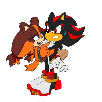 1boy 1girl age_difference awkward black_fur black_hair blue_eyes blush bracelet brown_fur brown_hair carrying carrying_person child collar eyelashes flirting full_body gloves hair_tie half-closed_eyes hedgehog highres jewelry leg_lock leg_up legs nervous orange_fur red_eyes red_fur red_hair sega shadow_the_hedgehog shoes simple_background skirt sonic_(series) sonic_boom_(series) sticks_the_badger strapless sweatdrop tail tube_top twintails white_background zizum