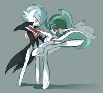 1boy 1girl alternate_color alternate_costume alternate_design alternate_hairstyle alternate_universe ballet black_arm_warmers black_coat blue_hair cape coat coattails colored_skin dancing facing_another gallade gardevoir gen_3_pokemon gen_4_pokemon genderswap genderswap_(ftm) genderswap_(mtf) green_hair grey_background lampette leg_up looking_at_another mega_gallade mega_gardevoir mega_pokemon mohawk multicolored_skin nintendo outstretched_arm pokemon pokemon_(creature) popped_collar red_eyes shiny_pokemon skirt tailcoat turning_head two-tone_skin unfinished white_cape white_skirt