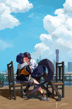 2girls absurdres aircraft airplane belle_(zenless_zone_zero) black_hair black_pantyhose black_socks blue_hair blue_sky blush cityscape cloud cloudy_sky ellen_joe ellen_joe_(on_campus) fins fish_tail hand_on_another&#039;s_face highres interspecies kiss multiple_girls pantyhose plant potted_plant river school_uniform shark_girl shark_tail shirt shoes short_hair sitting skirt sky sneakers socks sotethemighty surprise_kiss surprised tail veranda white_shirt yuri zenless_zone_zero