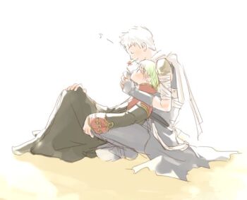 Rule 34 | 2boys, assassin (ragnarok online), black coat, closed eyes, coat, commentary request, dated commentary, full body, gloves, green hair, grey gloves, grey pants, grey shirt, lowres, male focus, multicolored coat, multiple boys, oomojiya, pants, priest (ragnarok online), ragnarok online, red coat, scarf, shirt, short hair, sitting, sitting on lap, sitting on person, two-tone coat, white hair, white scarf, yaoi