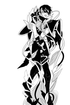 1boy batman_(series) dc_comics dick_grayson domino_mask eye_mask male_focus mask monochrome plant robin_(dc) solo tentacles tentacles_on_male vines white_background young_justice:_invasion