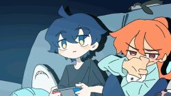 1boy 1girl :t ahoge animated blue_hair blue_pants blush brown_eyes child constricted_pupils controller couch cushion game_controller hair_between_eyes hug interior joy-con looping_animation open_mouth orange_hair original pants playing_games ponytail socks stuffed_animal stuffed_shark stuffed_toy takarai_shunsuke video wide-eyed worried
