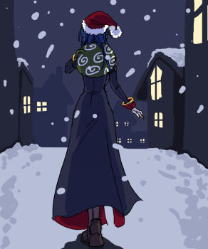 1girl blue_dress blue_hair brown_shoes commentary_request dress from_behind full_body fur-trimmed_headwear fur_trim grey_sky hat holding holding_sack house long_hair outdoors priest_(ragnarok_online) ragnarok_online red_hat sack santa_hat shoes sky snow snowing solo toriria walking winter