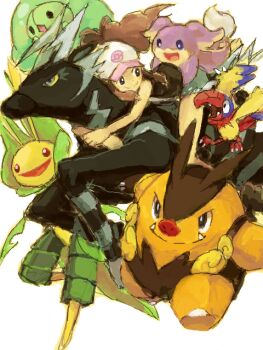 10s 1girl alternate_color audino baseball_cap brown_hair duosion emboar gen_5_pokemon hat hilda_(pokemon) karatou leavanny long_hair nintendo pokemon pokemon_(creature) pokemon_bw ponytail riding riding_pokemon shiny_pokemon simple_background white_background zebstrika