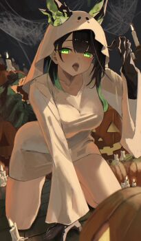 1girl absurdres ahoge alternate_costume arknights arm_up black_hair black_skin blush collarbone colored_skin commentary ghost_costume ghost_pose green_eyes green_hair halloween highres huge_ahoge kneeling long_hair long_sleeves looking_at_viewer mon3tr_(arknights) multicolored_hair open_mouth pumpkin robe shikyou_yoru thighs tongue tongue_out two-tone_hair veil white_robe white_veil wide_sleeves