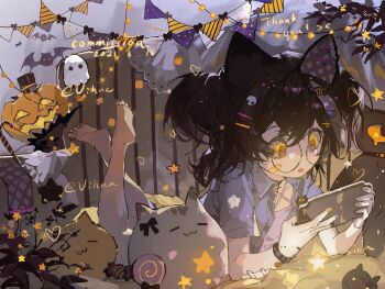 1girl animal_ears bandaid bandaid_on_cheek bandaid_on_face barefoot blue_shirt candy_hair_ornament cat-shaped_pillow cat_ears chinese_commentary collared_shirt commentary_request commission dated english_text food-themed_hair_ornament gauze_on_arm ghost glasses hair_ornament hairclip halloween halter_shirt halterneck handheld_game_console heart heart_hair_ornament highres holding holding_handheld_game_console long_hair lying multicolored_nails on_stomach open_clothes open_mouth open_shirt orange_nails original pennant pink_shirt pumpkin purple_nails round_eyewear shirt short_sleeves skull_hair_ornament solo thank_you the_pose two_side_up vihua6 watermark yellow_eyes