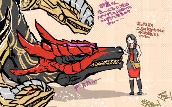 1boy 1girl black_hair closed_eyes dang-yeongsim dragon flame_convoy long_hair lori_jiimenez multiple_heads petting smile teeth transformers transformers_cybertron transformers_unicron_trilogy translation_request